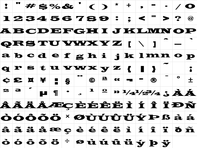 TransverseExpandedSSK Regular  glyph index