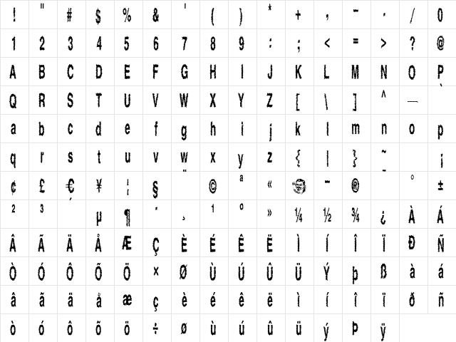 Shock Regular  glyph index