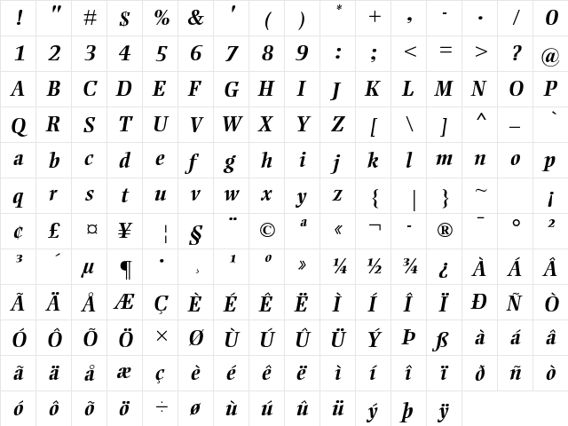 Ellington MT Std Bold Italic  glyph index