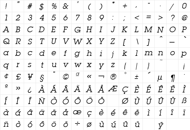 Lubalin Graph Book Italic  glyph index