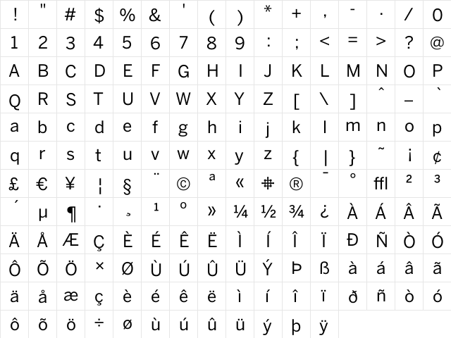 BentonSans Regular  glyph index