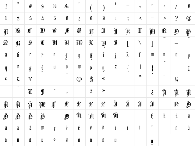 Church Text Regular  glyph index