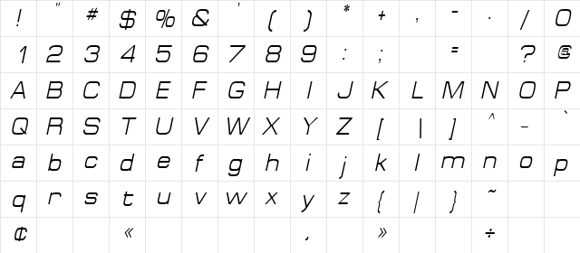 SpaceOutCondensed Italic  glyph index