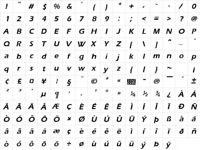 Ergoe Bold Italic  glyph index