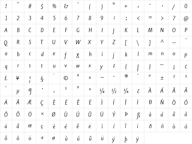 Eureka Sans Light Italic  glyph index