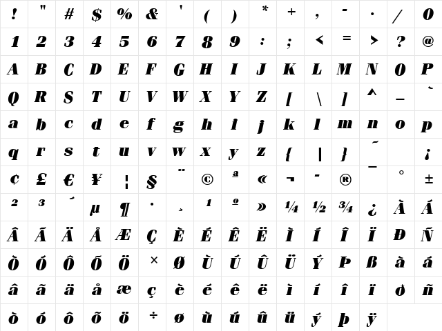 Ferrara-Ultra Italic  glyph index
