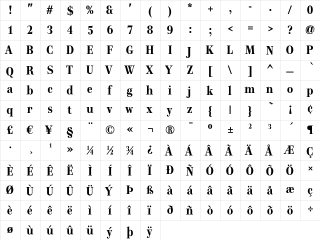 Genre Bold  glyph index