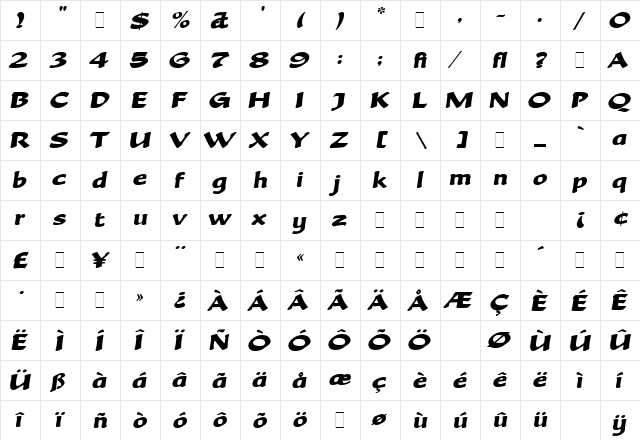 Becka Script LET Plain  glyph index