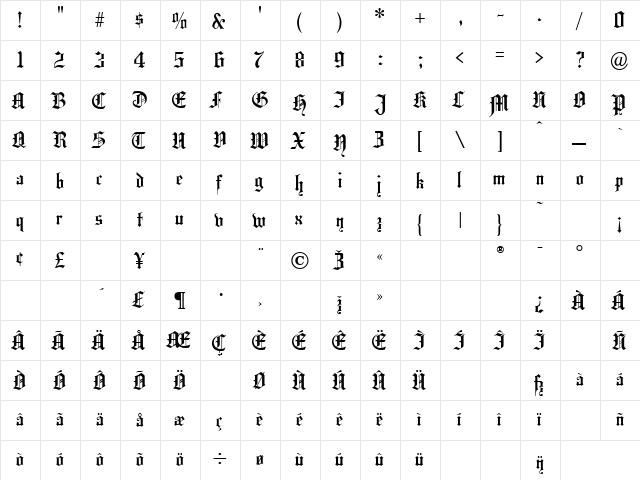 Hansa Gothic Regular  glyph index