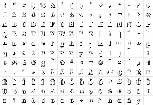 BodoniShadow-Black Regular  glyph index