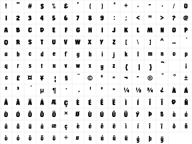 Churchward Brush Regular  glyph index