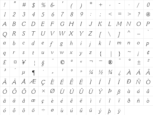 CantoriaMT-Light LightItalic  glyph index