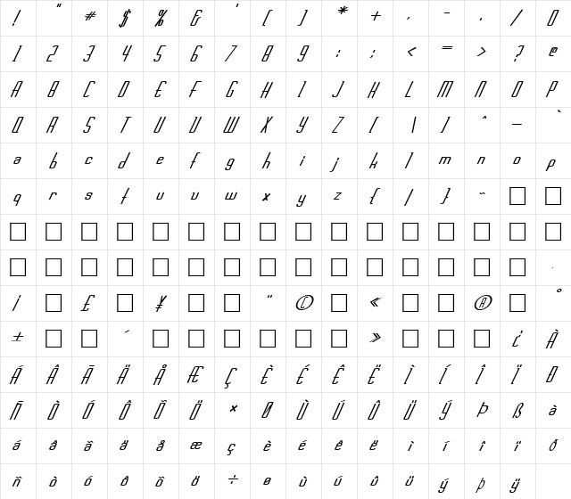 FZ BASIC 44 ITALIC Bold  glyph index
