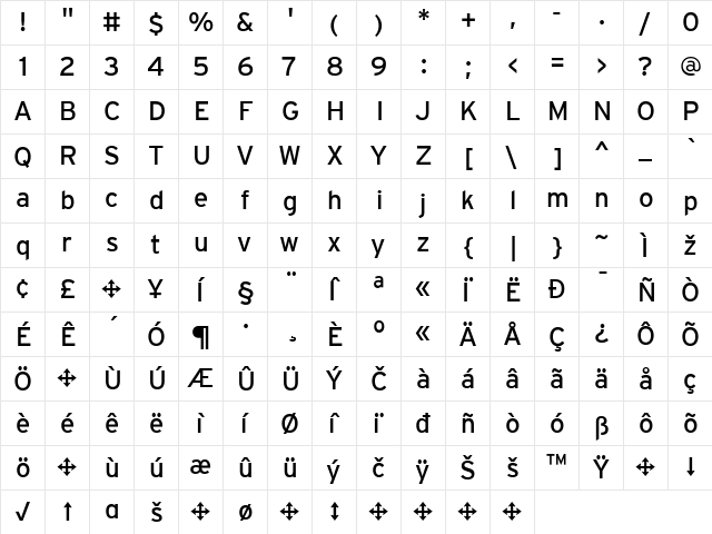 Interstate Regular  glyph index