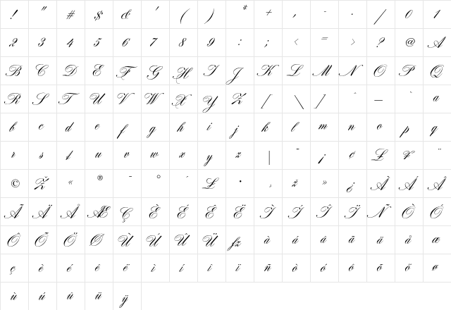CertificateScript Regular  glyph index
