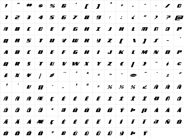Typhoon Expanded Italic Expanded Italic  glyph index