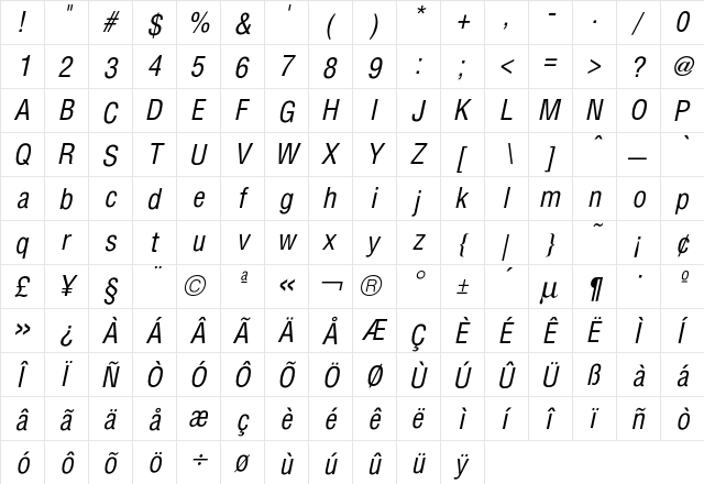 Hallmarke CondBookOblique  glyph index