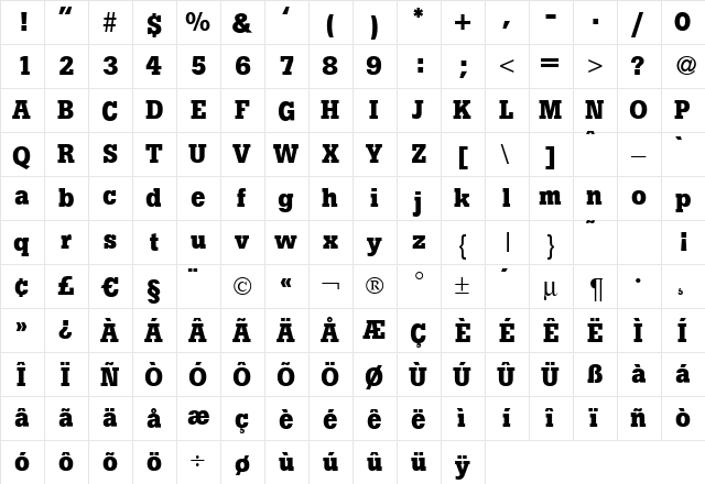 B790-Slab Regular  glyph index
