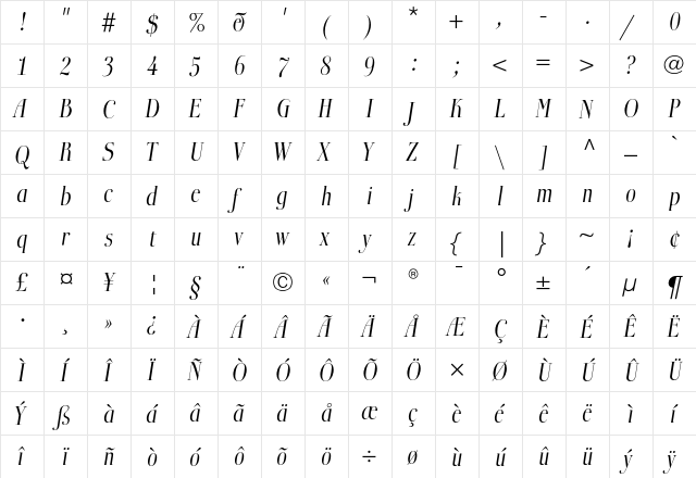 BoberiaLL LightItalic  glyph index