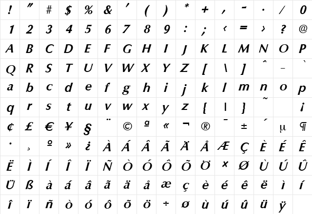 ColumbiaSerial BoldItalic  glyph index