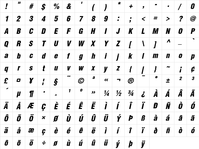 Helvetica Condensed Black Oblique  glyph index