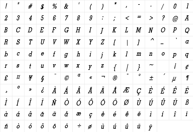 Geo Thin Bold Italic  glyph index