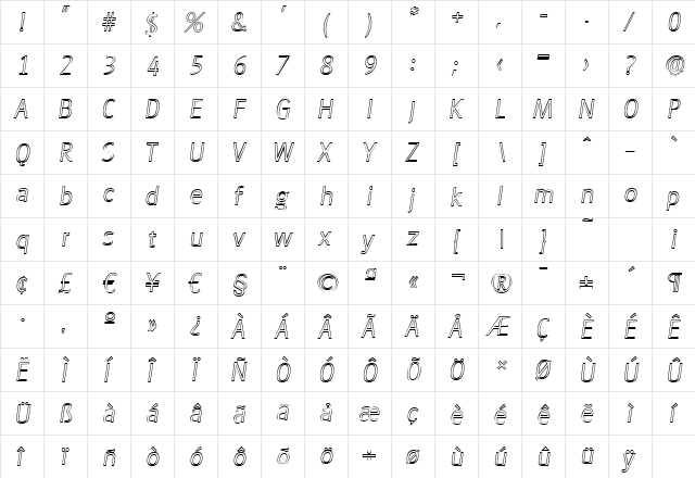 RichardBeckerOutline-Xlight Italic  glyph index