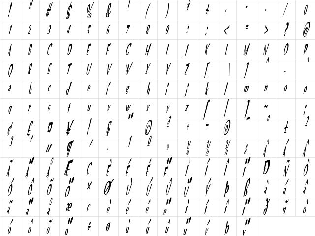 VTC Optika Italic  glyph index