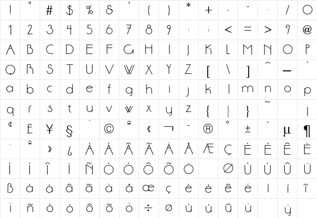 Aase Regular  glyph index