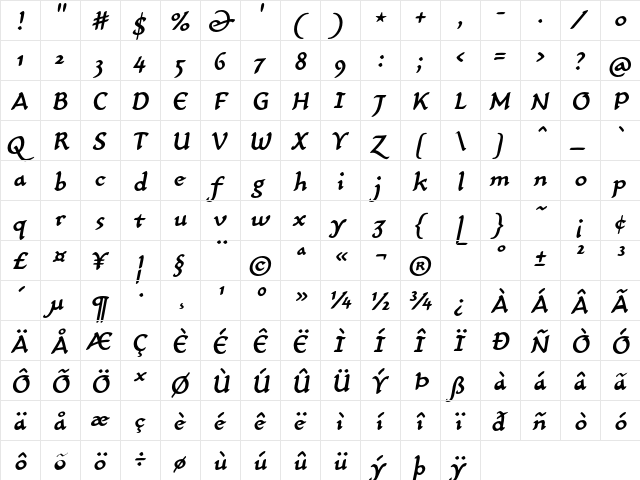 CarlinScript LT Std Light BoldItalic  glyph index
