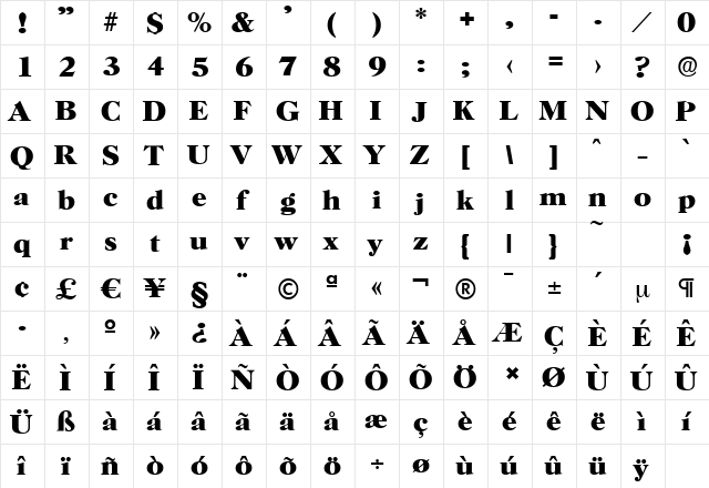 HorshamSerial-Xbold Regular  glyph index