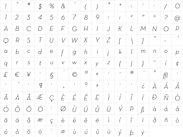 Neutra Text Light Alt Italic  glyph index