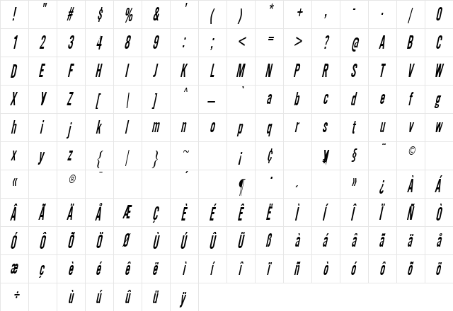 SimpleTypeCondensed Italic  glyph index
