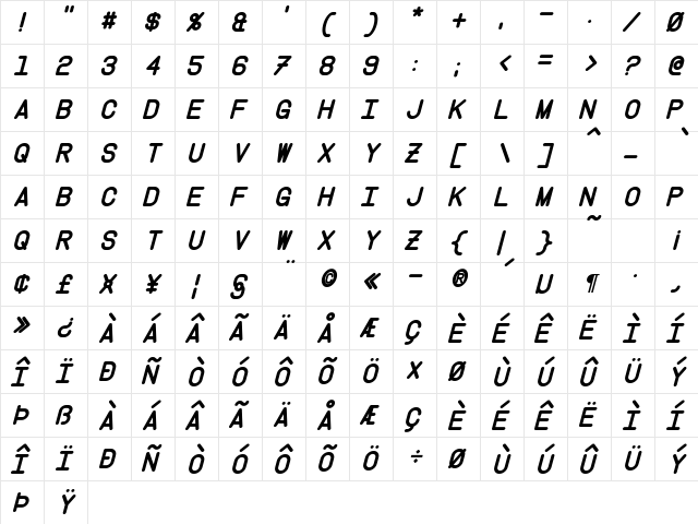 Instruction Bold Italic  glyph index