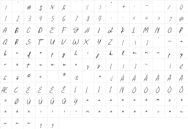 Bonjour De Jong Script  glyph index