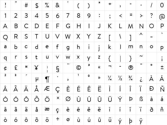 Brandon Text Regular Regular  glyph index