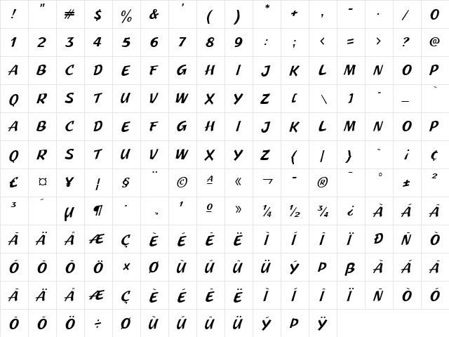 JMH Pulp Paperback Regular  glyph index