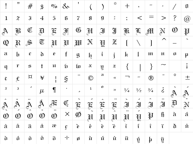 Gothic 57 Normal  glyph index
