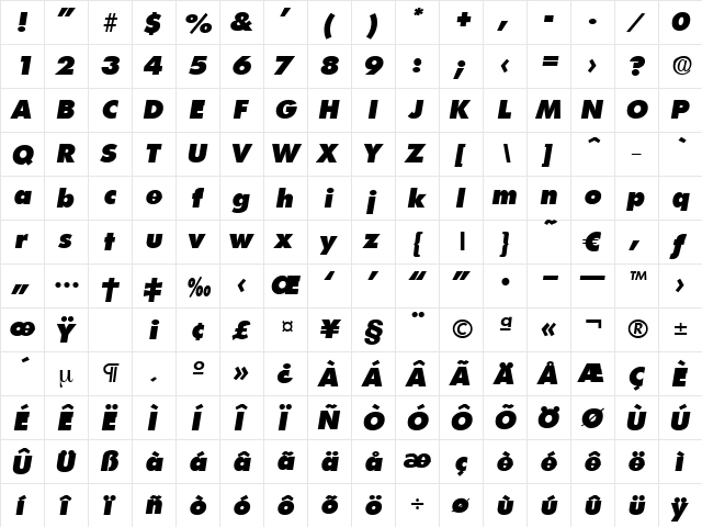 Limerick-HeavyIta Regular  glyph index