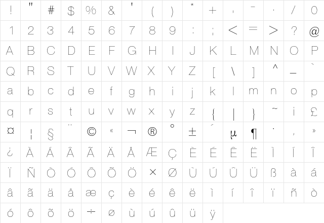 Helvetica BQ Regular  glyph index