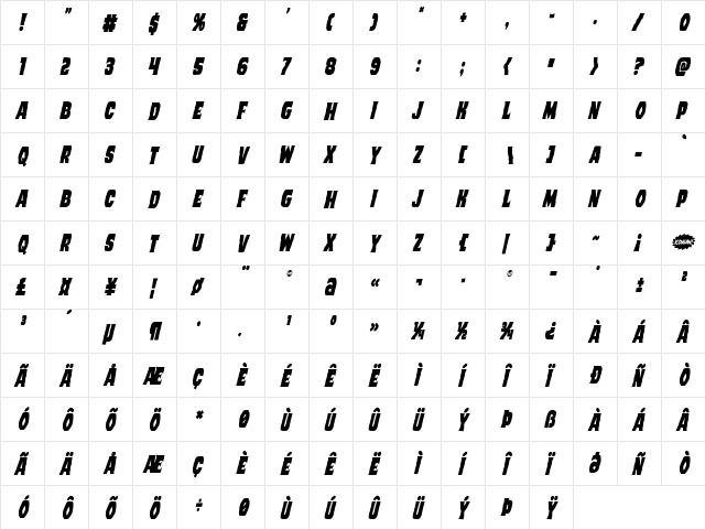Dusk Demon Condensed Italic Regular  glyph index