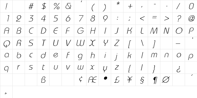 WashingtonMetro Italic  glyph index