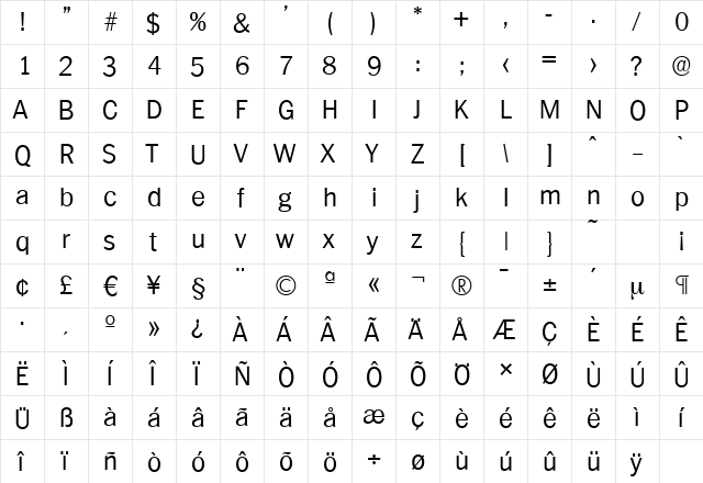PlymouthSerial-Light Regular  glyph index