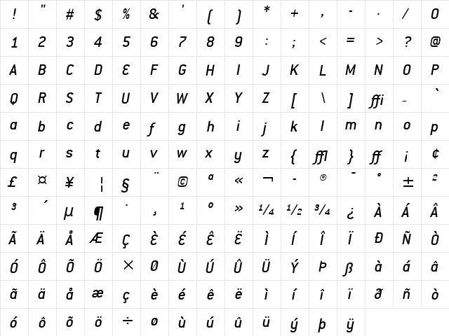 Conduit ITC Medium Italic  glyph index