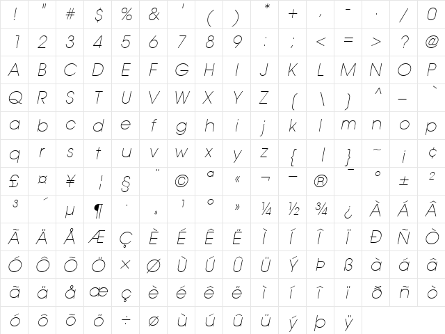 ITCAvantGardeGothic-ExtraLight Extra LightItalic  glyph index