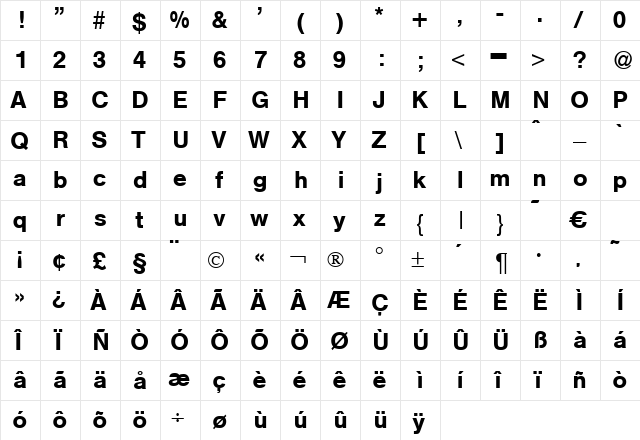 Helmet Bold  glyph index