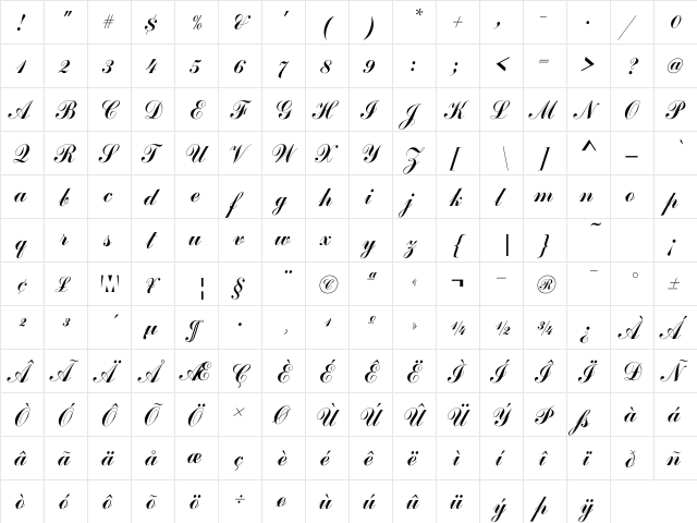 CommercialScript Regular  glyph index