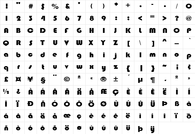 Rap Man Regular  glyph index