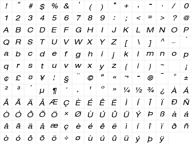 Helvetica Neue LT Com 53 Extended Oblique  glyph index