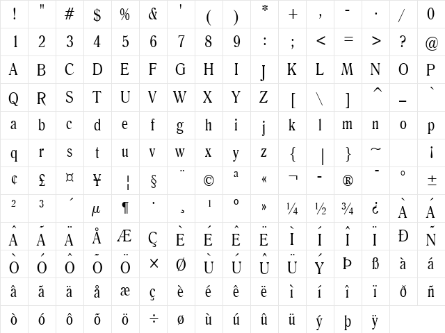 Roomy Condensed Normal  glyph index